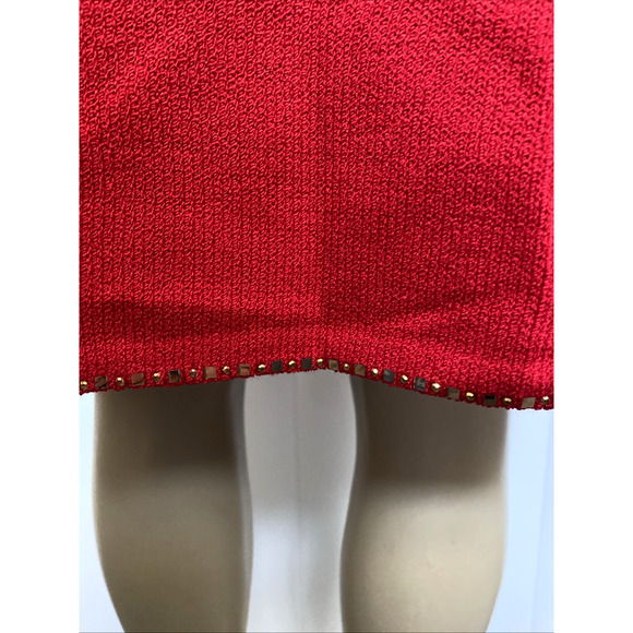 St John Evening Santana Knit Skirt Pencil Straight Red Gold Beads Wool 12 L - Picture 6 of 7